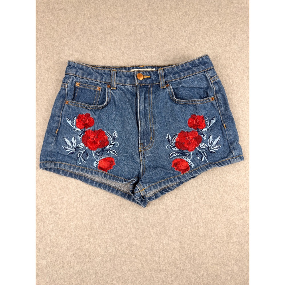 HM Coachella Floral Embroidered Denim Shorts Medium Wash High Waist Size 8